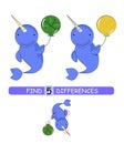 Find differences between pictures. Vector cartoon educational game. Cute narwhal.